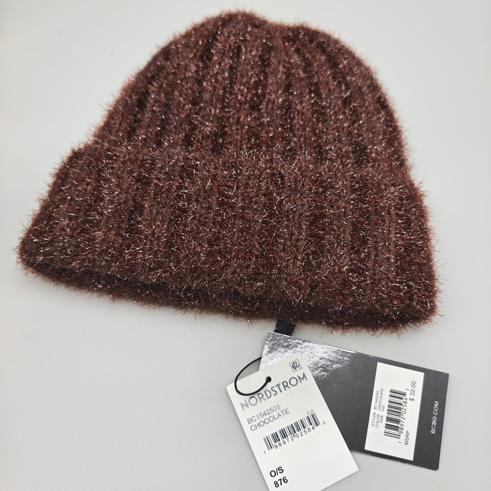 BCBG Chocolate Brown Metallic Eyelash Knit Cuffed Beanie Hat OS NWT